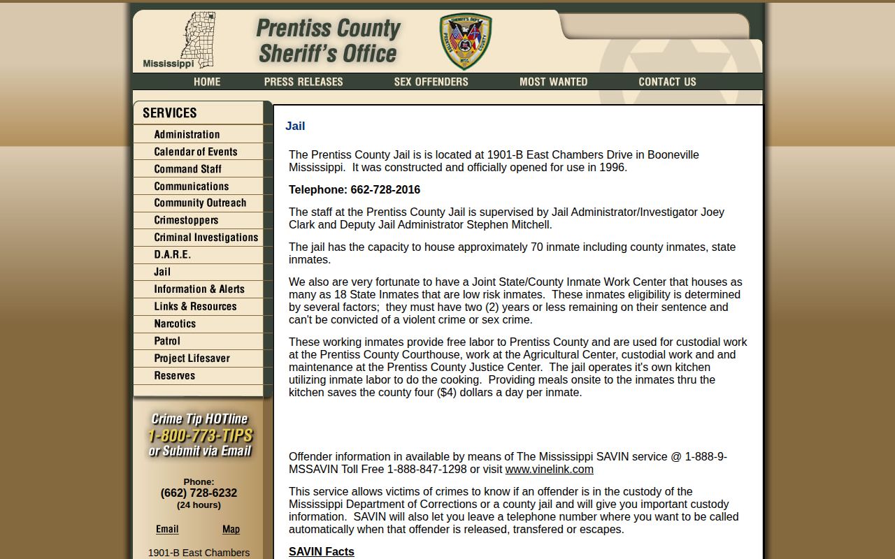 Prentiss County Jail release records and Mississippi SAVIN facts