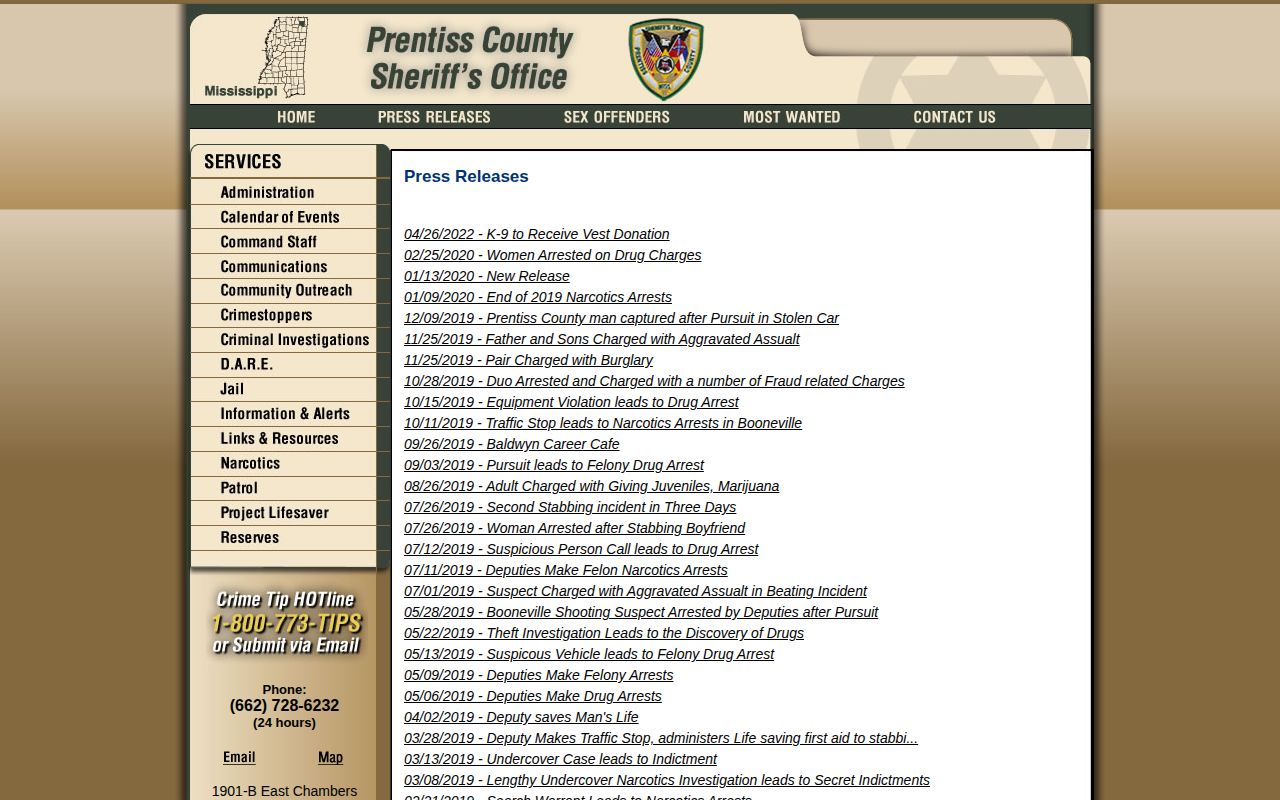 Prentiss County sheriff photo archive for released inmate mugshot research